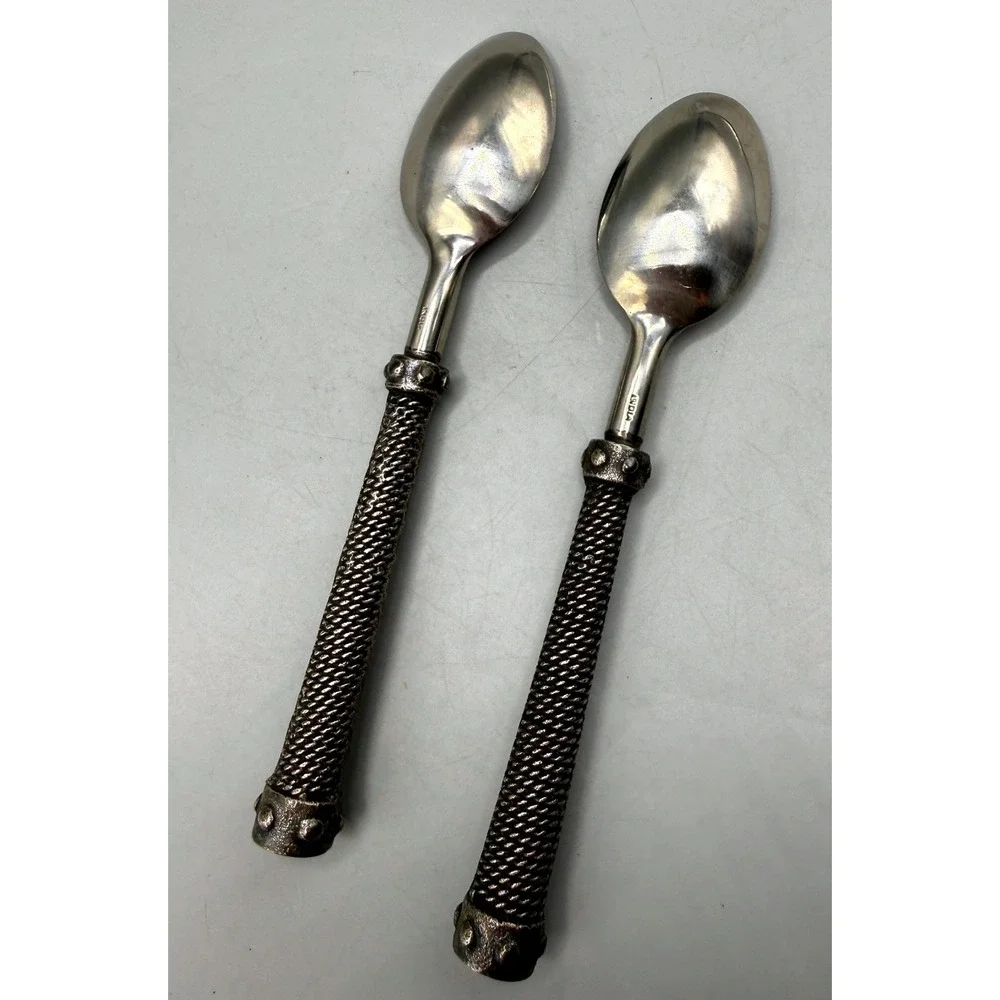 Pottery Barn Antique Rope Spoons Silver Metal Twisted Handle Set of 2 India